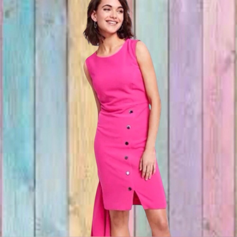 Kasper Hot Pink Snap Design Sleeveless Lined Sheath Dress